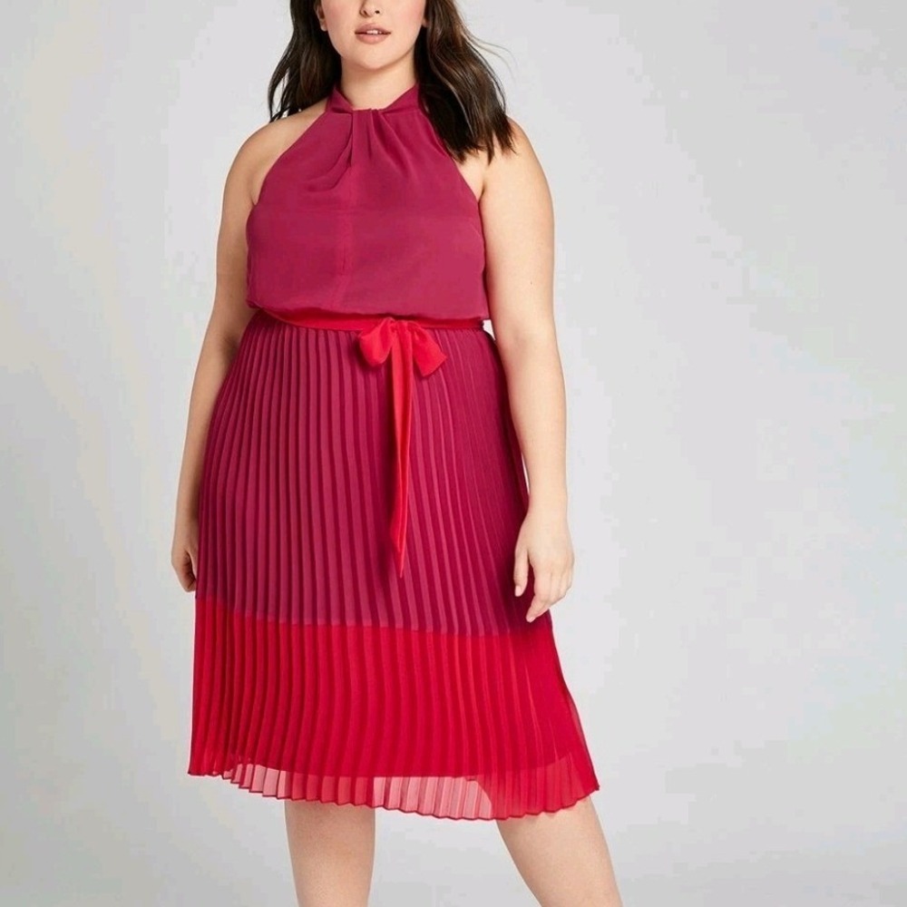 Lane Bryant Pleated Colorblock Halter Midi Dress Pink Red Plus Size 16 NEW